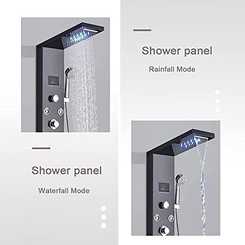 FUZ Contemporary Shower Panel Tower System Stainless Steel 6-Function Faucet LED Rainfall Waterfall Shower Head + Handheld Sprayer + Rain Massage Body Jets + Tub Spout, Black. - color: Black, style: 8009-B