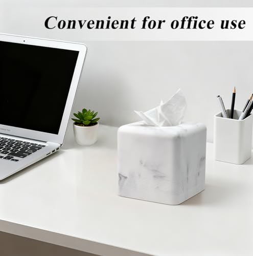 Resin Tissue Box Cover, Modern Square Holder,White | White resin tissue box cover with modern square design and silicone feet for bathroom vanity, office desk, and living room - color: White