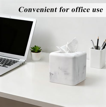 Resin Tissue Box Cover, Modern Square Holder,White | White resin tissue box cover with modern square design and silicone feet for bathroom vanity, office desk, and living room - color: White