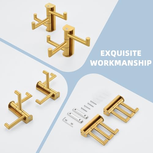 Suyar Brushed Gold Towel Hook, Bathroom Swivel Coat Robe Holder with 3 Arms | SUS304 Stainless Steel, Wall Mounted, 2 Pack - color: Brushed Gold, size: 2 Pack