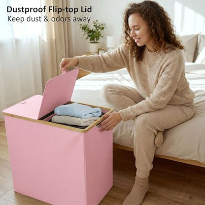 efluky Laundry Hamper with Lid, Double Laundry Basket with 2 Removable Bags, 2 Section Laundry Bin with Bamboo Handles for Bathroom, Bedroom & Laundry Room, 140L (36.9 Gallon) Pink - color: Pink, size: 140L Dual