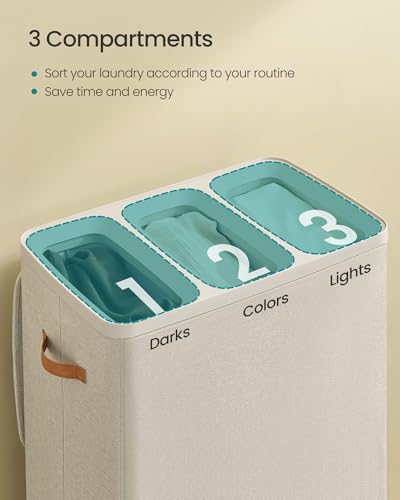 SONGMICS Laundry Basket, 50.2 Gal. Laundry Hamper, 3 Compartments, Easy Assembly, with Lid and Handles, Removable Liners, 25.2 x 15.7 x 29.5 Inches, Cappuccino Beige ULCB814LH01 - color: Cappuccino Beige, size: 190 L (3-Section)