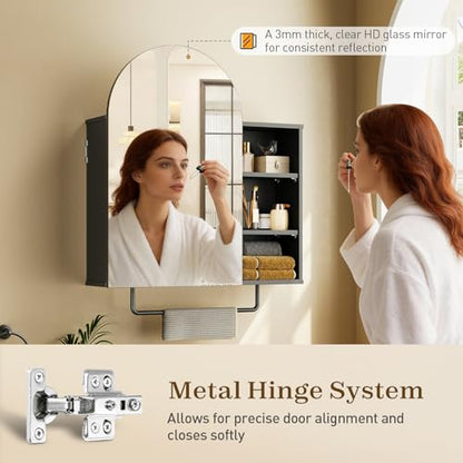 Arched Bathroom Medicine Cabinet Mirror with Storage, Modern Arch Mirrored Cabinets, Wall-Mounted Vanity with 2 Adjustable Shelves & Towel Bar, Not Recessed, Black - color: Black