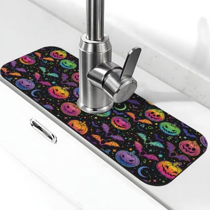 Halloween Pumpkin Bat Pumpkins Bats Kitchen Sink Splash Guard Faucet Mat Super Absorbent Fast Drying Mat Sink Gadgets-Fast Drying Pad Sink Mat For Kitchen Bathroom (15" X 5.5" ) - color: Halloween Pumpkin Bat