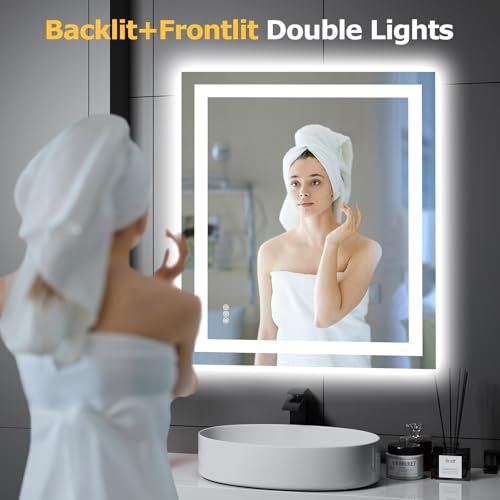 Hivone 30"X36" LED Bathroom Mirror with Lights, Anti-Fog, Dimmable, Backlit + Front Lit, Smart Bathroom Vanity Mirror, Memory Function, Shatterproof, Tempered Glass (Horizontal/Vertical) - size: 30"L x 36"W