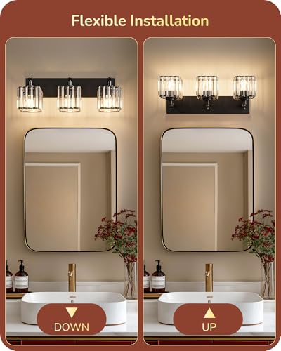 EDISHINE Modern 20.47'' 3-Light Black Crystal Bathroom Vanity Light Fixture | E26 Socket, Durable Metal Base, Wall Sconce for Powder Room, Bedroom, Dressing Areas - color: Black