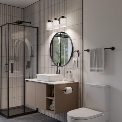 Globe Electric 4-Piece All-in-One Bathroom Set, Matte Black, 3-Light Vanity Light with Frosted Glass Shades, Towel Bar, Toilet Paper Holder, Towel Ring - color: Matte Black, Frosted Glass, 3-Light