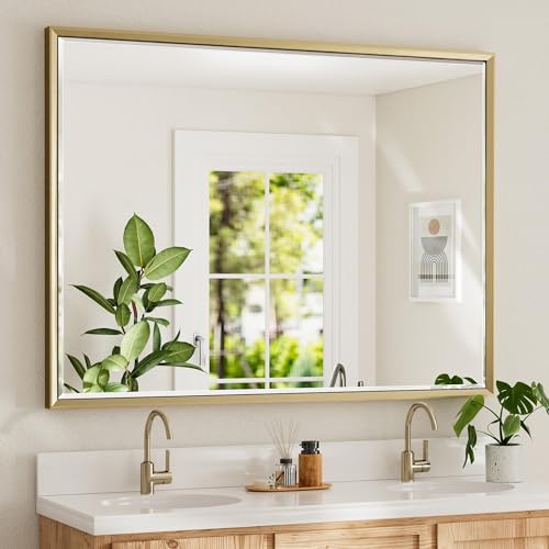 48 x 36 Gold Bathroom Mirror, Brushed Gold Beveled Bathroom Mirror, Shatterproof Large Gold Frame Rectangle Mirror, Brushed Brass Gold Framed Vanity Mirror Vertical/Horizontal Wall-Mounted - color: Brushed Gold, size: 36"L x 48"W