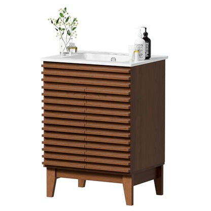 APRILSOUL 24" Bathroom Vanity with Ceramic Sink, Mid-Century Bathroom Vanity Cabinet with 2 Soft Closing Doors, Freestanding Bathroom Vanity, Particleboard Frame with Wood Grain Laminate, Walnut - color: Walnut/ White Sink, size: 24 Inch