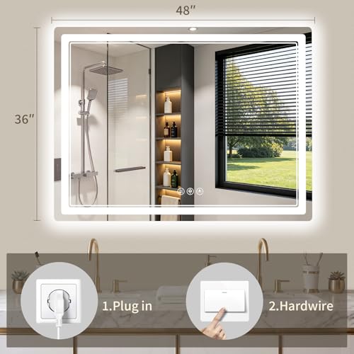 36"x48" LED Bathroom Mirror with Lights, Backlit + Front Lit, Anti-Fog, Lighted Bathroom Mirror for Wall, HD Shatterproof Tempered Glass, Dimmable, Memory Function (Horizontal/Vertical) - size: 48"L x 36"W