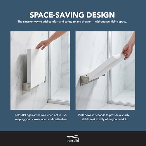 Transolid Preston Flip-Up Fold-Down Wall-Mount ADA Compliant Padded Shower Seat, 14 in. W x 13.75 in. D, White and Brushed Stainless, PPS1414UP-01BS - color: White/Brushed Stainless, size: 14"x14"
