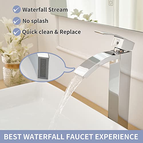 Chrome Vessel Sink Faucet, Waterfall Bathroom Faucets | Brass, Tall Spout, Single Handle 1 Hole Bathroom Faucet, Modern Basin Taps with Supply Line, Pop Up Drain, Without Overflow - color: Chrome, size: Tall