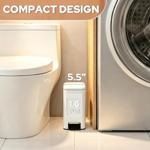 Small Bathroom Trash Can w/Lid Soft Close, 6 Liter/1.6 Gallon Stainless Steel Garbage Can w/Inner Bucket, Trash Bin Waste Basket for Kitchen, Bedroom, Living Room, Office, Toilet, White - color: Matte White