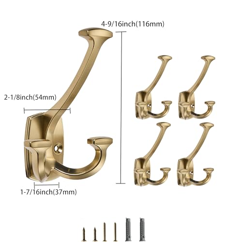 Champagne Bronze Hooks Large Wall Mounted Decorative Solid Heavy-Duty Double-Sided Coat Hooks Triple Coat Hook Towels Coats Robes Towels Bag Bathroom Three Prong Coat Hook (2 Pack) - color: Champagne Bronze
