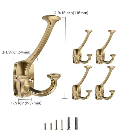 Champagne Bronze Hooks Large Wall Mounted Decorative Solid Heavy-Duty Double-Sided Coat Hooks Triple Coat Hook Towels Coats Robes Towels Bag Bathroom Three Prong Coat Hook (2 Pack) - color: Champagne Bronze