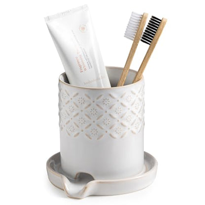Zoeeker Toothbrush Holders for Bathrooms, Ceramic Toothbrush Holder Set | Self-draining Toothbrush & Toothpaste Holder Shower Tooth Brush Cup with Drainage Brush Holder Pen Holder for Family, White - color: B-white