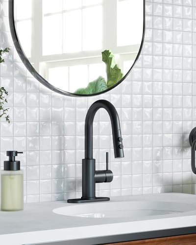 Bathroom Faucets with Pull Down Sprayer, Bar Sink Faucet Single Hole for Kitchen Campers with Pop-Up Drain Hose, Suitable for Farmhouse Vanity Lavatory - color: Matte Black, style: Pull Down