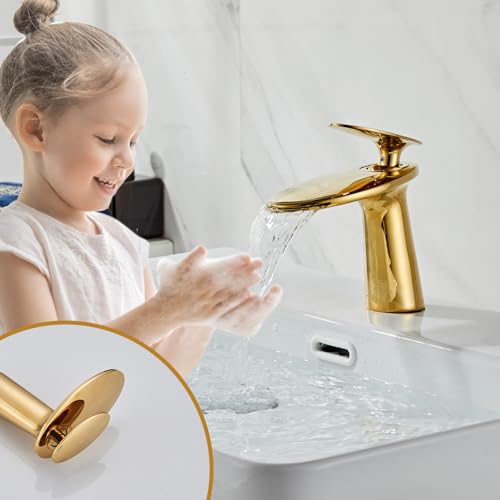 Shiny Polished Gold Waterfall Bathroom Sink Faucet and Pop Up Drain - color: Polished Gold, size: Short Body