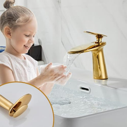 Shiny Polished Gold Waterfall Bathroom Sink Faucet and Pop Up Drain - color: Polished Gold, size: Short Body