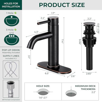 Bathroom Faucet, Single Handle Vanity Sink Faucet, Oil Rubbed Bronze | ORB, for 1/3-Hole, Stainless Steel, Ceramic Cartridge, Pop-Up Drain, Deck Plate, For Vanity Powder Laundry - color: Oil Rubbed Bronze