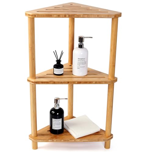 Corner Shelf Shower Caddy Stand 3-Tier,Standing Bathroom Organizer | Bamboo,Large Capacity Shower Storage,Space-Saving,Anti-Slip Feet,Waterproof,Easy to Assemble,Durable,Bath,Living Room,Kitchen - style: GU-QZST003