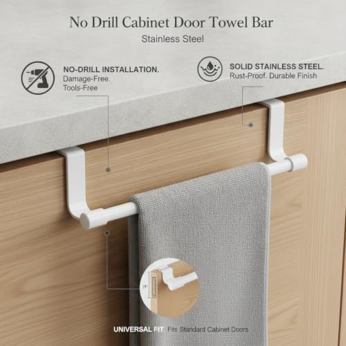 No-Drill Stainless Steel Cabinet Door Towel Bar, Over-the-Door Hanger for Kitchen & Bathroom Hand Towels, White