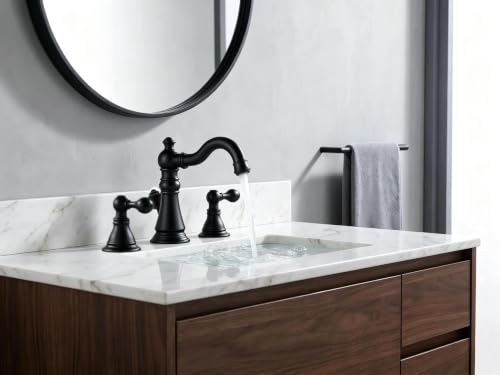 Matte Black 2-Handle 8 Inch Widespread Bathroom Faucet 3 Holes,2 Pack | Derengge Traditional Widespread Sink Faucet, With Pop-Up Drain 360° Swivel Stainless Steel Spout, F-8805-MT - color: Matte BlackX2