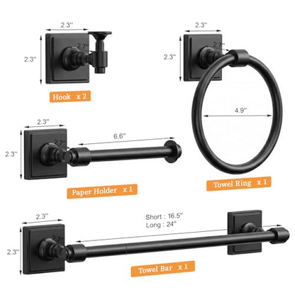 VEHCIL Matte Black Bathroom Towel Bar Set, 5 Piece Bathroom Hardware Accessory Set, SUS304 Stainless Steel 24" Towel Rack Holder Set for Bathroom, Wall Mounted - color: Matte Black