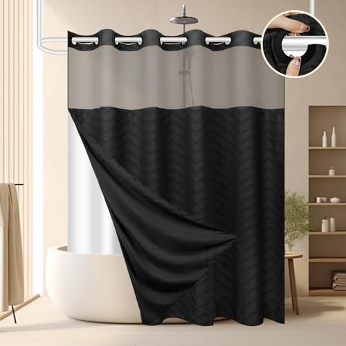 FADOTY Black No Hook Shower Curtain Set with Snap in Liner, 71'' x 86'' | Bathroom Hotel Fabric Curtain, Waterproof Washable Liner, See Through Top Window, Ringless Chevron Tufted Cloth Curtain - color: Black, size: 71"W x 86"L (Pack of 1)