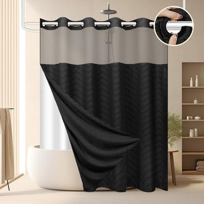 FADOTY Black No Hook Shower Curtain Set with Snap in Liner, 71'' x 86'' | Bathroom Hotel Fabric Curtain, Waterproof Washable Liner, See Through Top Window, Ringless Chevron Tufted Cloth Curtain - color: Black, size: 71"W x 86"L (Pack of 1)