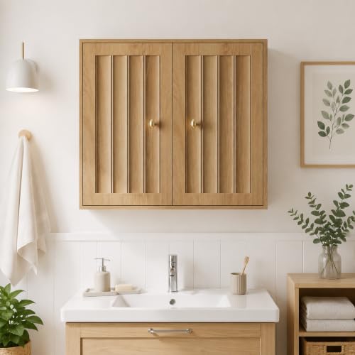 Semiocthome Wall Mounted Bathroom Cabinet with Vertical Grooved Doors, Oak | Wooden Medicine Cabinet with Adjustable Interior Shelf, Versatile Utility Storage for Bathrooms, Living Rooms and Kitchens