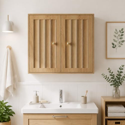 Semiocthome Wall Mounted Bathroom Cabinet with Vertical Grooved Doors, Oak | Wooden Medicine Cabinet with Adjustable Interior Shelf, Versatile Utility Storage for Bathrooms, Living Rooms and Kitchens
