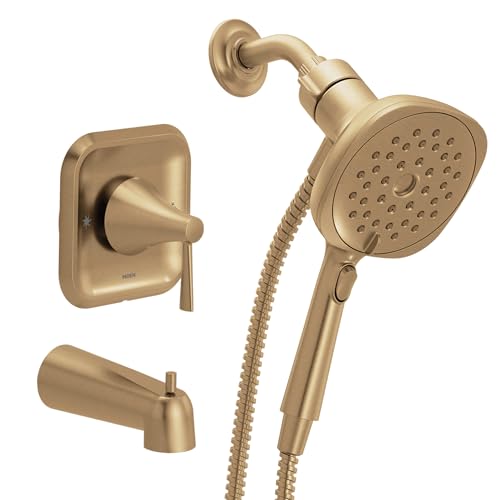 Moen Ronan Bronzed Gold Single-Handle Modern Tub and Shower Faucet with Square Handheld Rain Shower Spray Head Featuring Magnetix, Valve Included, 82022BZG - color: Bronzed Gold, style: Square Showerhead