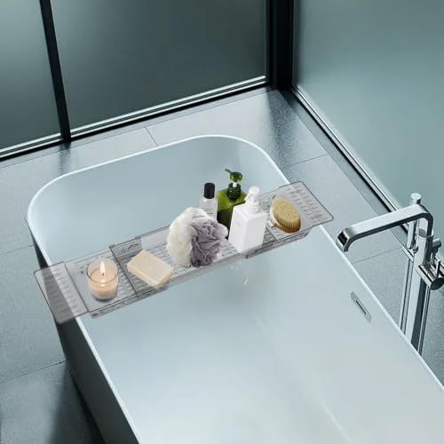 Bathtub Caddy Tray, Expandable Bath Shelf with Book and Wine Holder, Clear Gray Acrylic Bathtub Tray for Bathroom, 22.24-31.5 Inch Adjustable