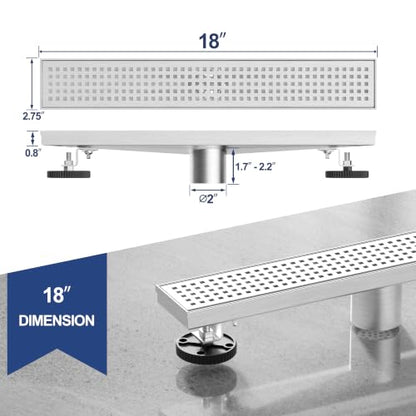 Neodrain 18" Linear Shower Drain, Brushed 304 SS Bathroom Linear Drain,cUPC | Brushed Nickel Shower Drain with Quadrato Grate& Adjustable Feet, Long Rectangle Shower Floor Drain in Bathroom, Balcony etc - color: Brushed Nickel, size: 18 In