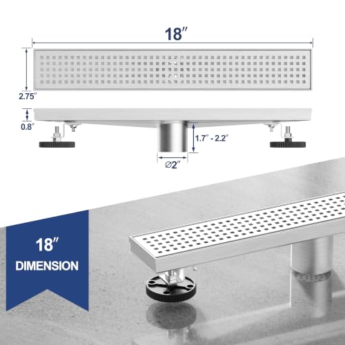 Neodrain 18" Linear Shower Drain, Brushed 304 SS Bathroom Linear Drain,cUPC | Brushed Nickel Shower Drain with Quadrato Grate& Adjustable Feet, Long Rectangle Shower Floor Drain in Bathroom, Balcony etc - color: Brushed Nickel, size: 18 In