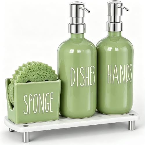 Cisily Olive Green Kitchen Soap Dispenser Set with Ceramics Sponge Holder | Stainless Steel Silver Pumps, and Instant Dry Tray, Hand and Dish Soap Dispenser Set, Kitchen Sink Olive Green Decor - color: Olive Green+ Silver+ Sponge Holder