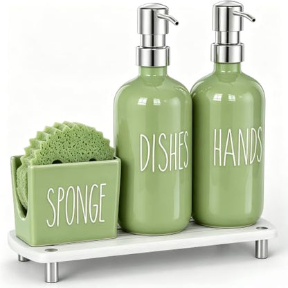 Cisily Olive Green Kitchen Soap Dispenser Set with Ceramics Sponge Holder | Stainless Steel Silver Pumps, and Instant Dry Tray, Hand and Dish Soap Dispenser Set, Kitchen Sink Olive Green Decor - color: Olive Green+ Silver+ Sponge Holder