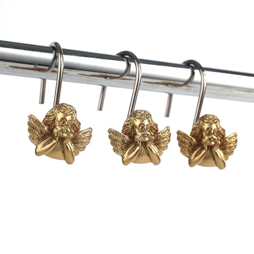Twofish Home Golden Angel Shower Curtain Hooks Anti Rust Shower Curtain Hooks Decorative Resin Golden Angel Shower Curtain Rings Set of 12 - color: Golden Angel-1