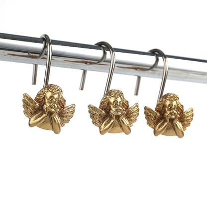 Twofish Home Golden Angel Shower Curtain Hooks Anti Rust Shower Curtain Hooks Decorative Resin Golden Angel Shower Curtain Rings Set of 12 - color: Golden Angel-1