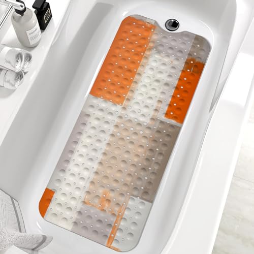 Bath Tub Mat Non Slip, Abstract Non Slip Bath Mat for Shower, Large Washable Shower mats for Showers with Drain Holes and Suction Cups,40 X 16 Inch (Orange Grey Abstract) - color: Orange Grey Abstract