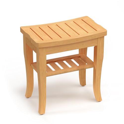 Bamboo Shower Bench, Spa Small Shower Stool for Inside Shower Waterproof, Bathroom Bench Seat with Storage Shelf for Adults Elderly Seniors, Wood Chair for Indoor or Outdoor Use, Natural - color: Natural