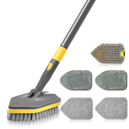 Shower Scrubber with Long Handle for Cleaning, 56" Extendable 3 in 1 Shower Cleaner Brush, Interchangeable Tub Scrub Brush Attachment for Cleaning Bathroom Bathtub Floor Wall