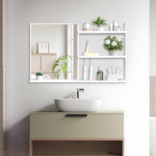 Bathroom Mirror with Shelf 40" x 24.4" Wall Mirror with Storage | White Metal Framed Bathroom Vanity Mirror with Storage Rectangular Wall Mounted Mirror for Over Sink Entryway Easy to Install - color: White, size: 24.4"L x 40"W