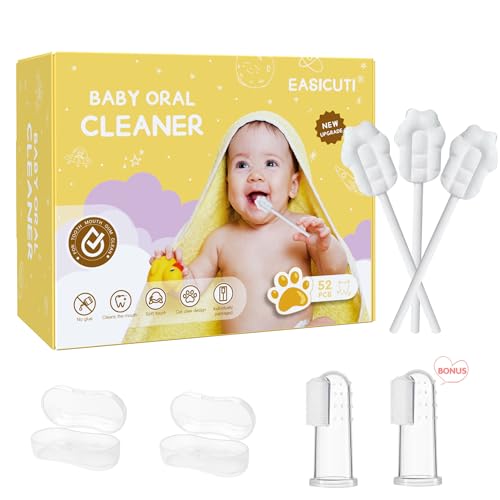 EASICUTI Upgrade Baby Tongue Cleaner, 52PCS Newborn Infant Toothbrush | Baby Essentials for Newborn, 2 Silicone Finger Toothbrush, Disposable Gauze Gum Cleaner Stick, Dental Care for Ages 0-2 Years - size: 1 Count (Pack of 52)