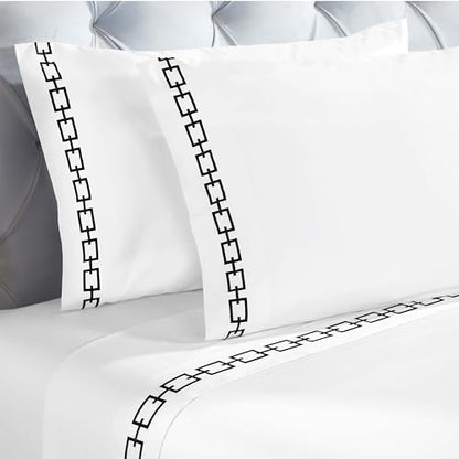 Superior Embroidered Cotton Bed Sheet Set, 1 Elastic Deep Pocket Fitted Sheet, 1 Flat Sheet, 1 Pillowcase, Daily Soft Sheets, Luxury, Unique Design, Chain Links Collection, Twin Size, White/Black - color: White-black, size: Twin