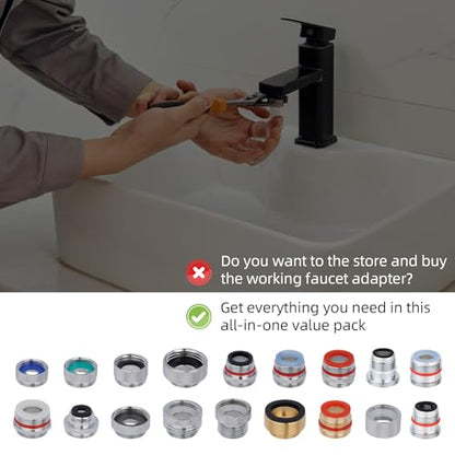 Hibbent 18 Pieces Faucet Adapter Kit, Brass Aerator Adapter Set for Faucet Tap with Removable Aerator to Connect Garden Hose, Adapter for Faucet Sink - Male/Female, Chrome - style: Faucet Adapter with Aerator Removal Wrench Tools
