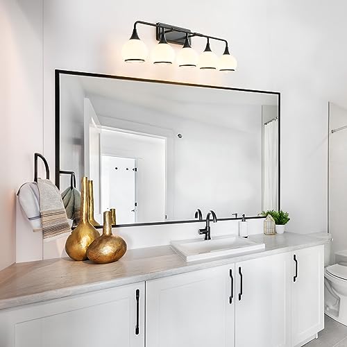 Black Bathroom Light Fixtures 5-Lights Vanity Lights with Milky White Frosted Glass Shade Bathroom Vanity Light 39.2 inch Wall Sconce Lighting Bath(Exclude E26 Bulb) - color: Black, size: 5 Light