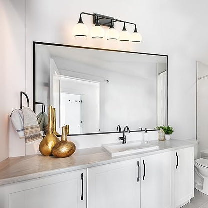 Black Bathroom Light Fixtures 5-Lights Vanity Lights with Milky White Frosted Glass Shade Bathroom Vanity Light 39.2 inch Wall Sconce Lighting Bath(Exclude E26 Bulb) - color: Black, size: 5 Light