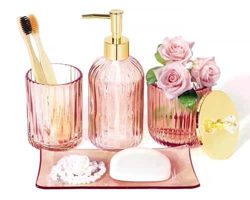 Designer Pink Glass Bathroom Accessories Sets - 4 Pcs with Lotion Soap Dispenser, Bathroom Toothbrush Holder, Vanity Tray, and Apothecary Jar, Vintage Bathroom Decor - color: Glass Pink
